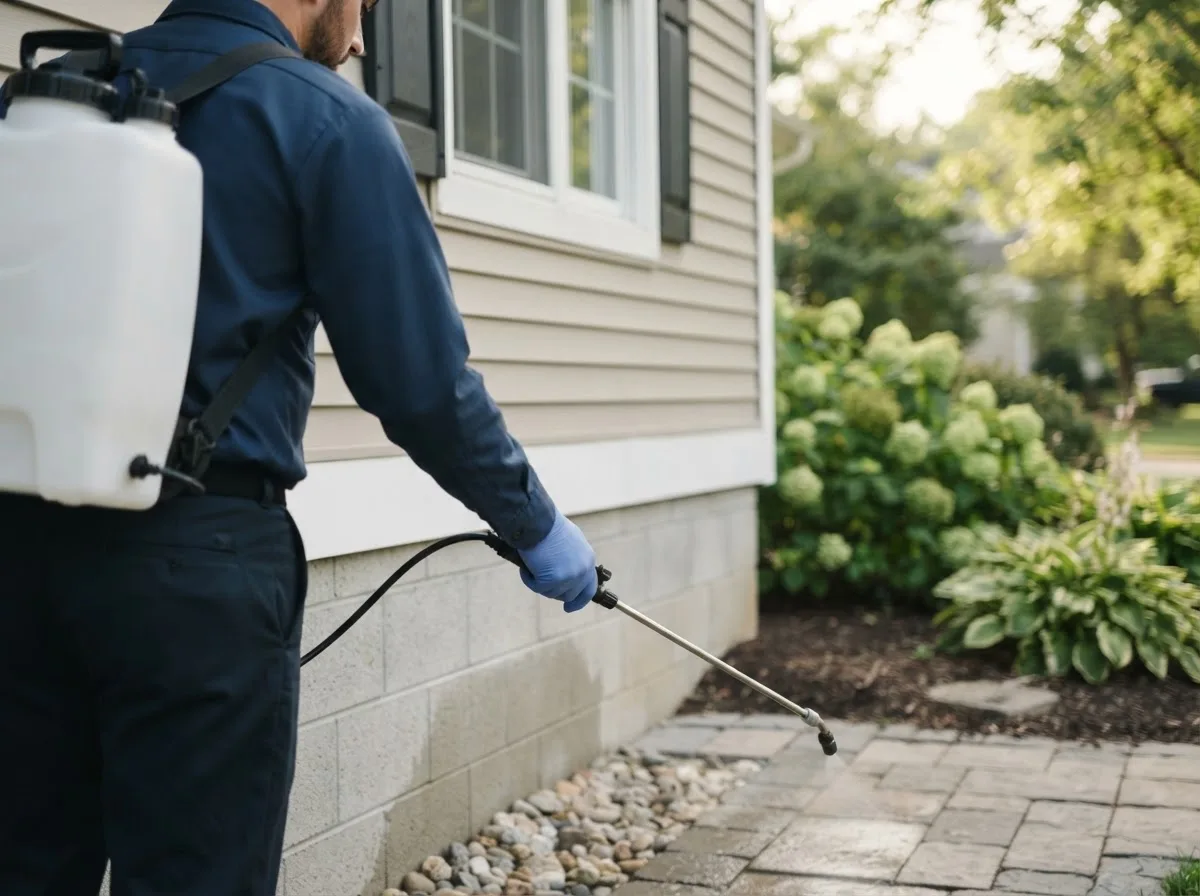 Pest control technician inspecting a home in Henryetta, OK